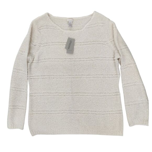 Chicos NWT Sweetheart Bateau Sequin Shimmer Sweater 2/L Alpaca Ecru Quiet Luxury - Picture 2 of 9